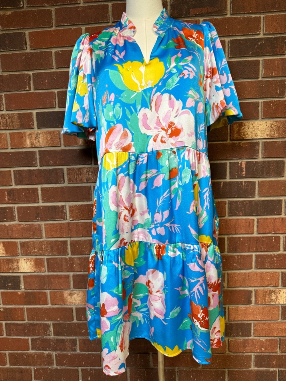 Jade Melody Tam Teal Blossom Puff Sleeve Tiered Dress Size Medium